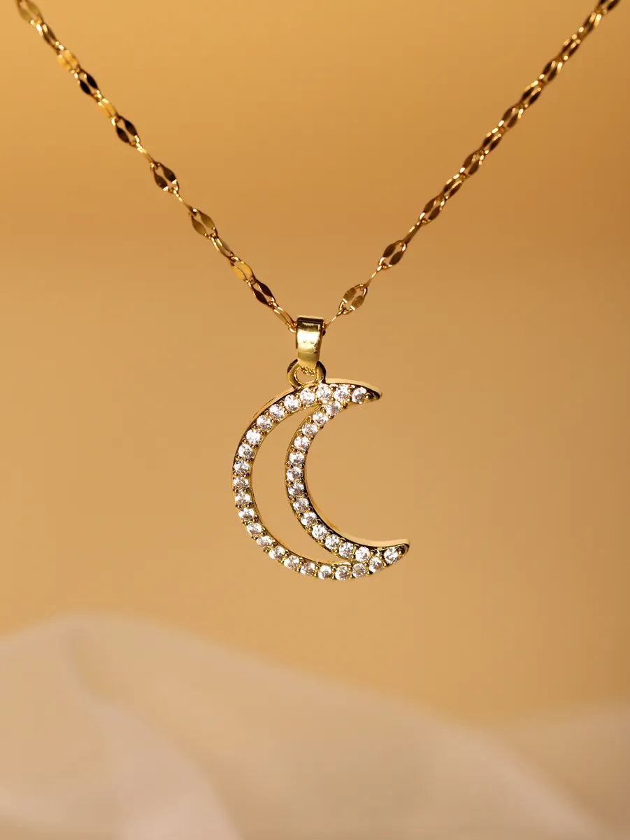 Elegant Glam Luxurious Moon Stainless Steel Plating Hollow Out Inlay Zircon 18k Gold Plated Pendant Necklace