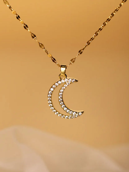 Elegant Glam Luxurious Moon Stainless Steel Plating Hollow Out Inlay Zircon 18k Gold Plated Pendant Necklace