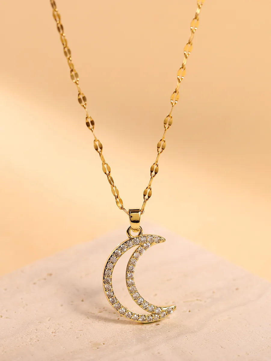 Elegant Glam Luxurious Moon Stainless Steel Plating Hollow Out Inlay Zircon 18k Gold Plated Pendant Necklace