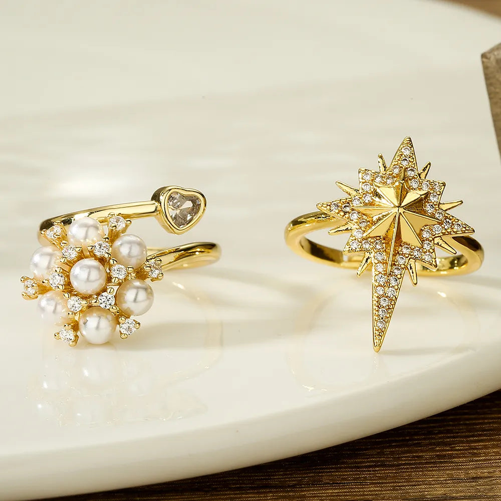 Elegant Glam Star Flower Copper Plating Inlay Artificial Pearls Zircon 18k Gold Plated Open Ring