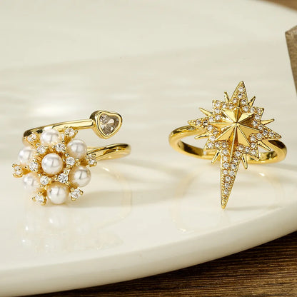 Elegant Glam Star Flower Copper Plating Inlay Artificial Pearls Zircon 18k Gold Plated Open Ring