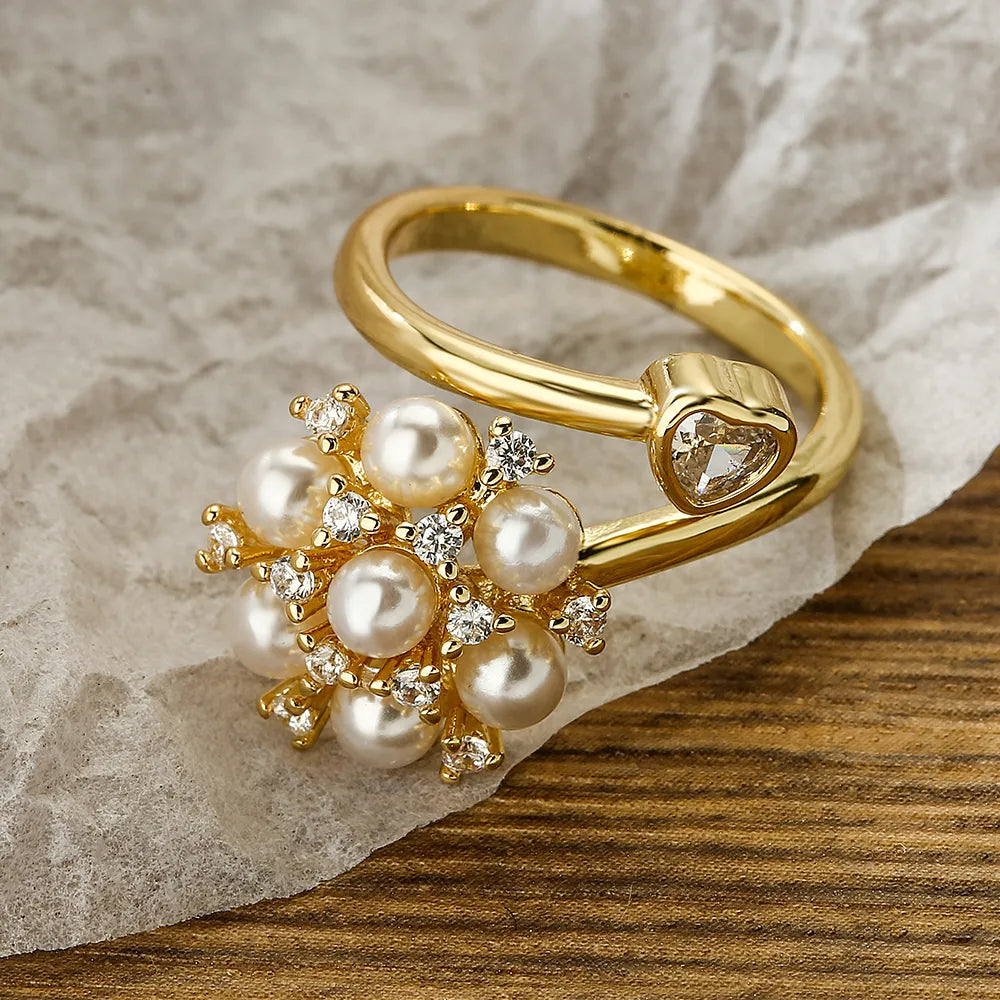 Elegant Glam Star Flower Copper Plating Inlay Artificial Pearls Zircon 18k Gold Plated Open Ring