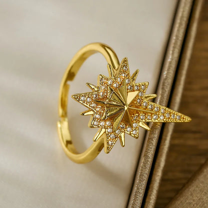 Elegant Glam Star Flower Copper Plating Inlay Artificial Pearls Zircon 18k Gold Plated Open Ring