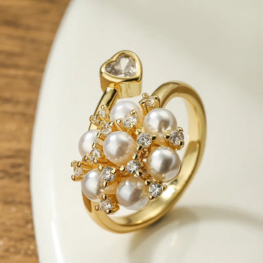 Elegant Glam Star Flower Copper Plating Inlay Artificial Pearls Zircon 18k Gold Plated Open Ring