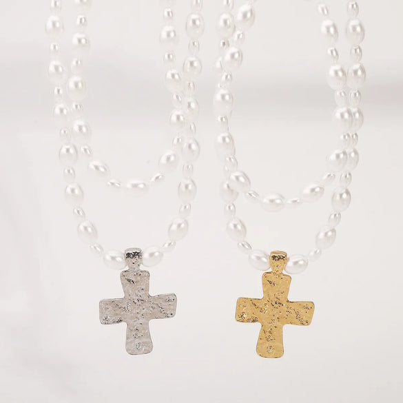 Elegant Glam Streetwear Cross Imitation Pearl Alloy Wholesale Double Layer Necklaces