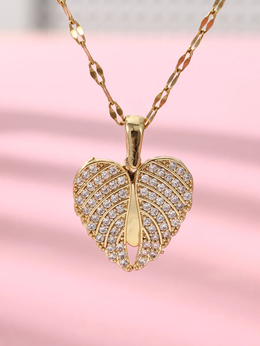 Elegant Glam Sweet Heart Shape Wings Stainless Steel Plating Inlay Zircon 18k Gold Plated Pendant Necklace