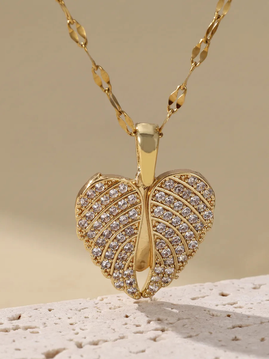 Elegant Glam Sweet Heart Shape Wings Stainless Steel Plating Inlay Zircon 18k Gold Plated Pendant Necklace