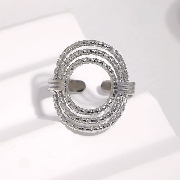Elegant Gold Plated Stainless Steel Open Ring For Women With Geometric Circle Texture And Simple Versatile Style