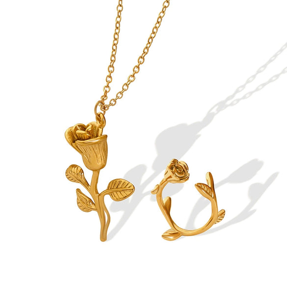 Elegant Gold Rose Flower Pendant Necklace For Women Titanium Steel Electroplated Floral Necklace Simple Retro Style