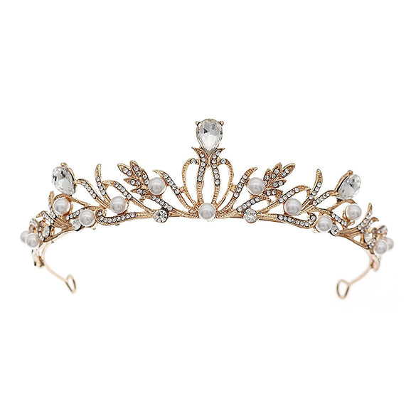 Elegant Gold Tone Rhinestone Pearl Bridal Crown Wedding Headpiece For Women And Formal Ceremony Accessories