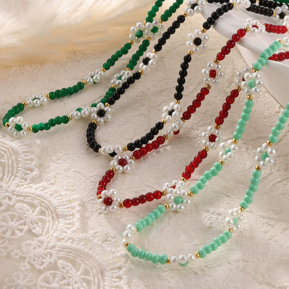 Elegant Handmade Beaded Natural Stone Necklace With Flower Woven Accessories And Ball Chain For Women In Middle Ancient And Geometric Style