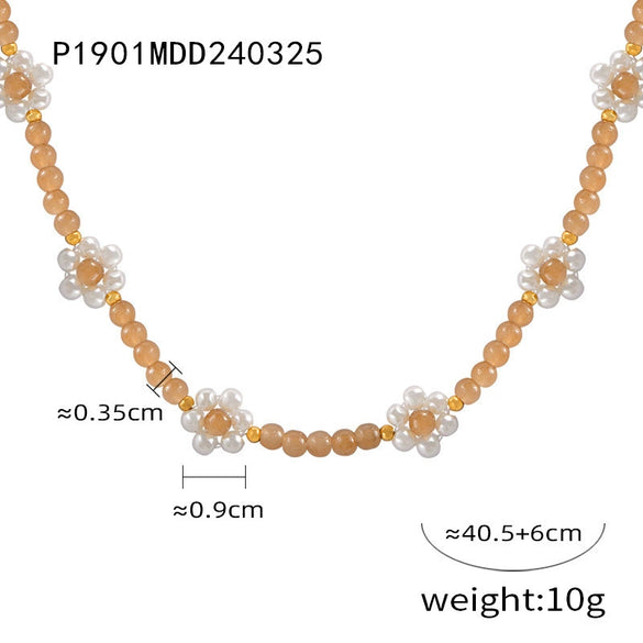 Elegant Handmade Beaded Natural Stone Necklace With Flower Woven Accessories And Ball Chain For Women In Middle Ancient And Geometric Style