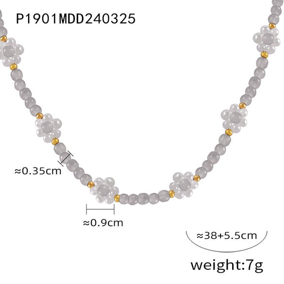 Elegant Handmade Beaded Natural Stone Necklace With Flower Woven Accessories And Ball Chain For Women In Middle Ancient And Geometric Style