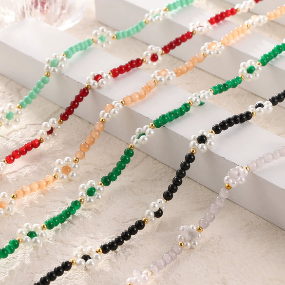 Elegant Handmade Beaded Natural Stone Necklace With Flower Woven Accessories And Ball Chain For Women In Middle Ancient And Geometric Style