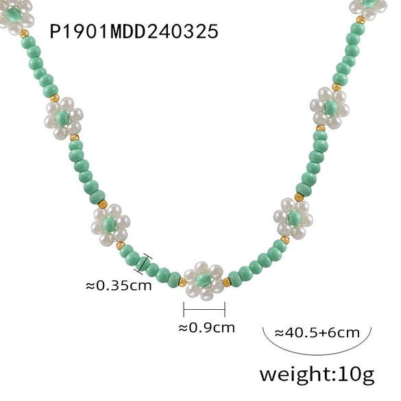 Elegant Handmade Beaded Natural Stone Necklace With Flower Woven Accessories And Ball Chain For Women In Middle Ancient And Geometric Style