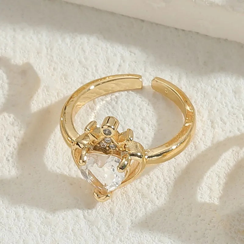 Elegant Heart Shape Copper Plating Inlay Zircon 14k Gold Plated Open Rings