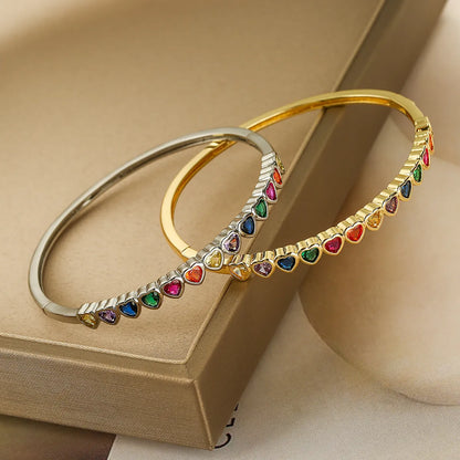 Elegant Heart Shape Copper Plating Inlay Zircon 18k Gold Plated Bangle