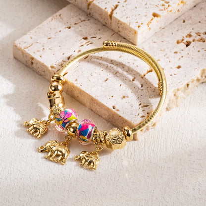 Elegant Heart Shape Eye Elephant Stainless Steel Alloy Beaded Bangle