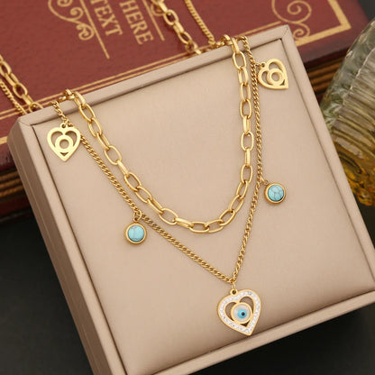 Stainless Steel 18K Gold Plated Elegant Plating Inlay Heart Shape Eye Artificial Diamond Turquoise Bracelets Earrings Necklace