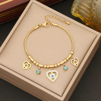 Stainless Steel 18K Gold Plated Elegant Plating Inlay Heart Shape Eye Artificial Diamond Turquoise Bracelets Earrings Necklace