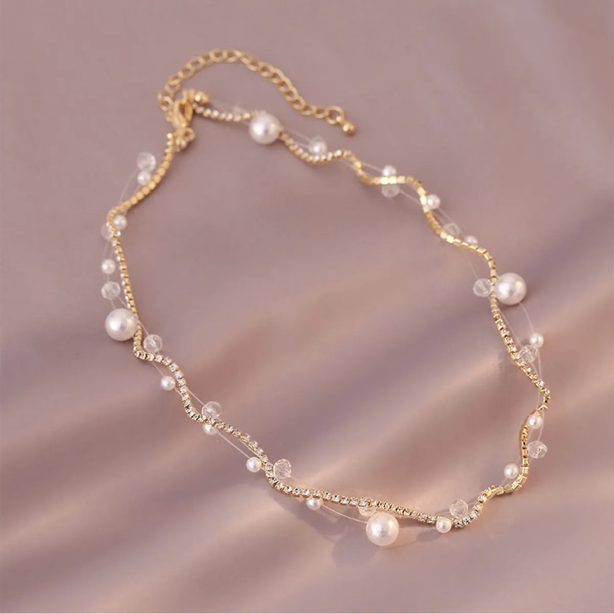 Elegant Heart Shape Flower Bow Knot Imitation Pearl Metal Beaded Inlay Rhinestones Women'S Necklace