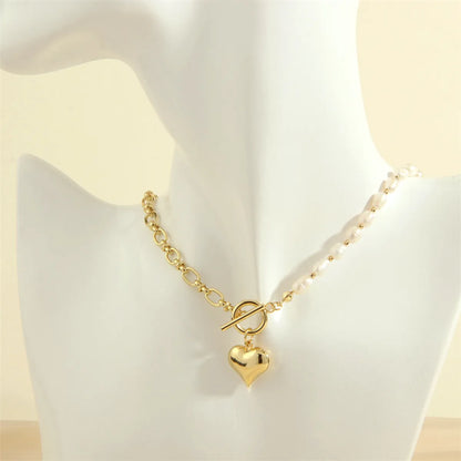 Elegant Heart Shape Freshwater Pearl Copper Toggle Beaded Plating 18k Gold Plated Pendant Necklace