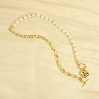 Elegant Heart Shape Freshwater Pearl Copper Toggle Beaded Plating 18k Gold Plated Pendant Necklace