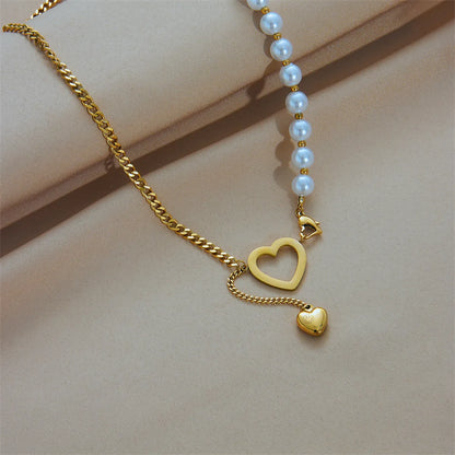 Elegant Heart Shape Imitation Pearl Titanium Steel Plating 18k Gold Plated Pendant Necklace