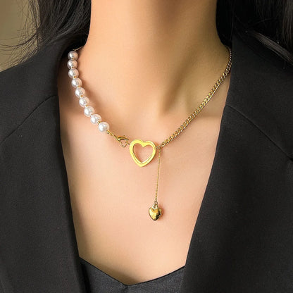 Elegant Heart Shape Imitation Pearl Titanium Steel Plating 18k Gold Plated Pendant Necklace