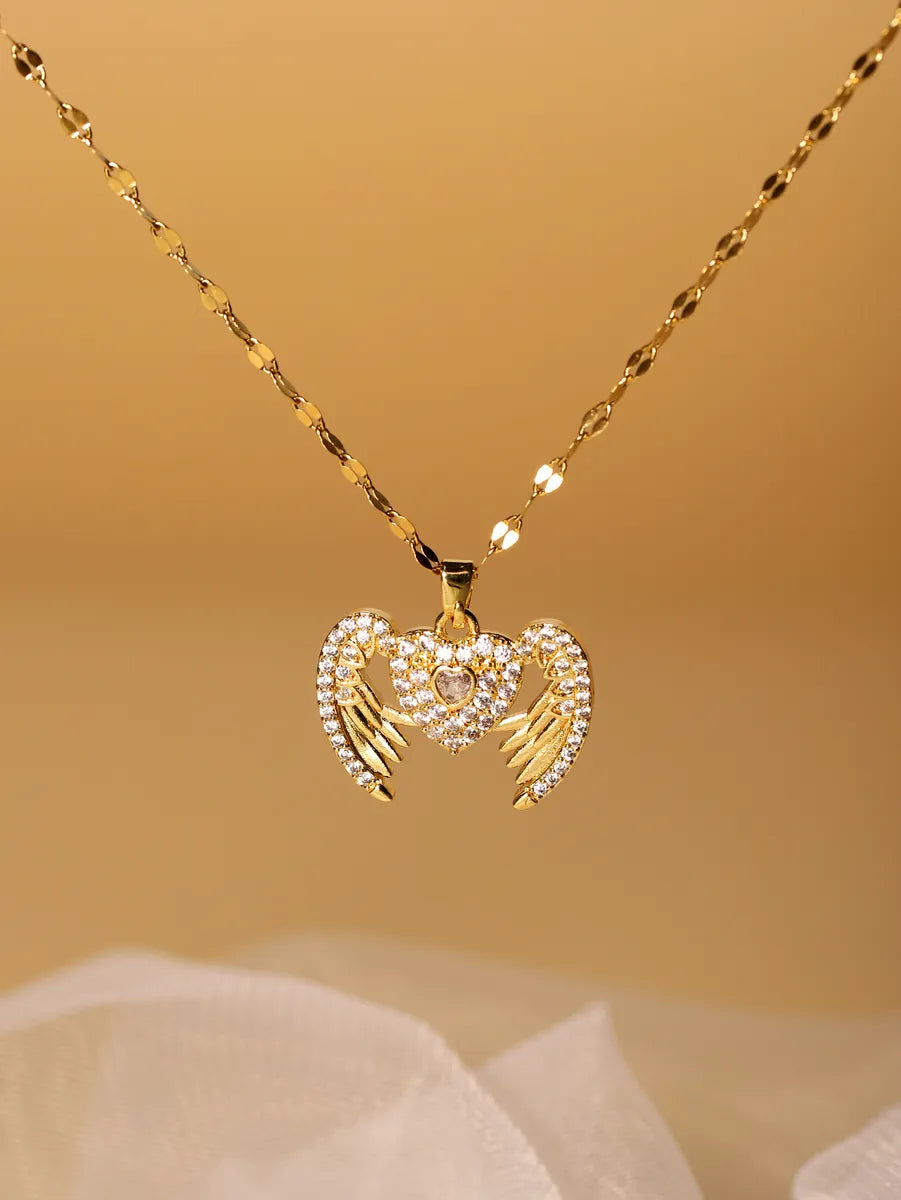 Elegant Heart Shape Stainless Steel Inlay Zircon 18k Gold Plated Pendant Necklace