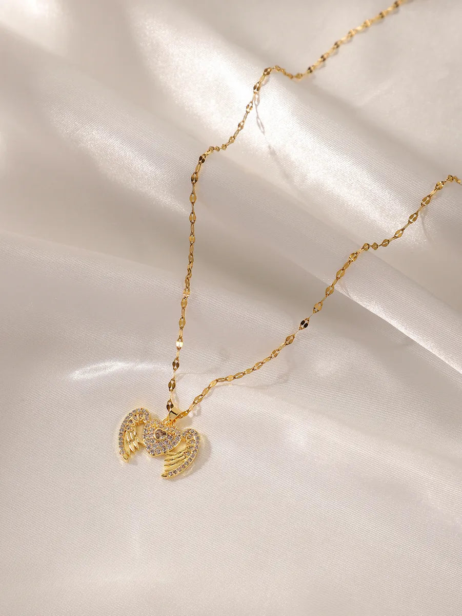 Elegant Heart Shape Stainless Steel Inlay Zircon 18k Gold Plated Pendant Necklace