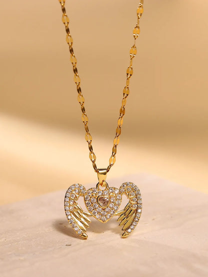 Elegant Heart Shape Stainless Steel Inlay Zircon 18k Gold Plated Pendant Necklace