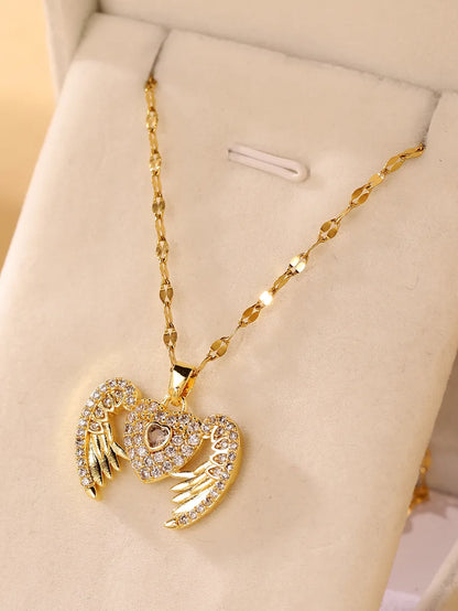 Elegant Heart Shape Stainless Steel Inlay Zircon 18k Gold Plated Pendant Necklace