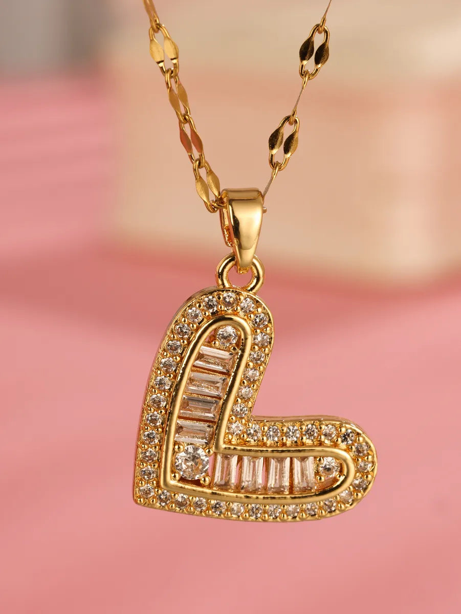 Elegant Heart Shape Stainless Steel Plating Inlay Zircon 18k Gold Plated Pendant Necklace