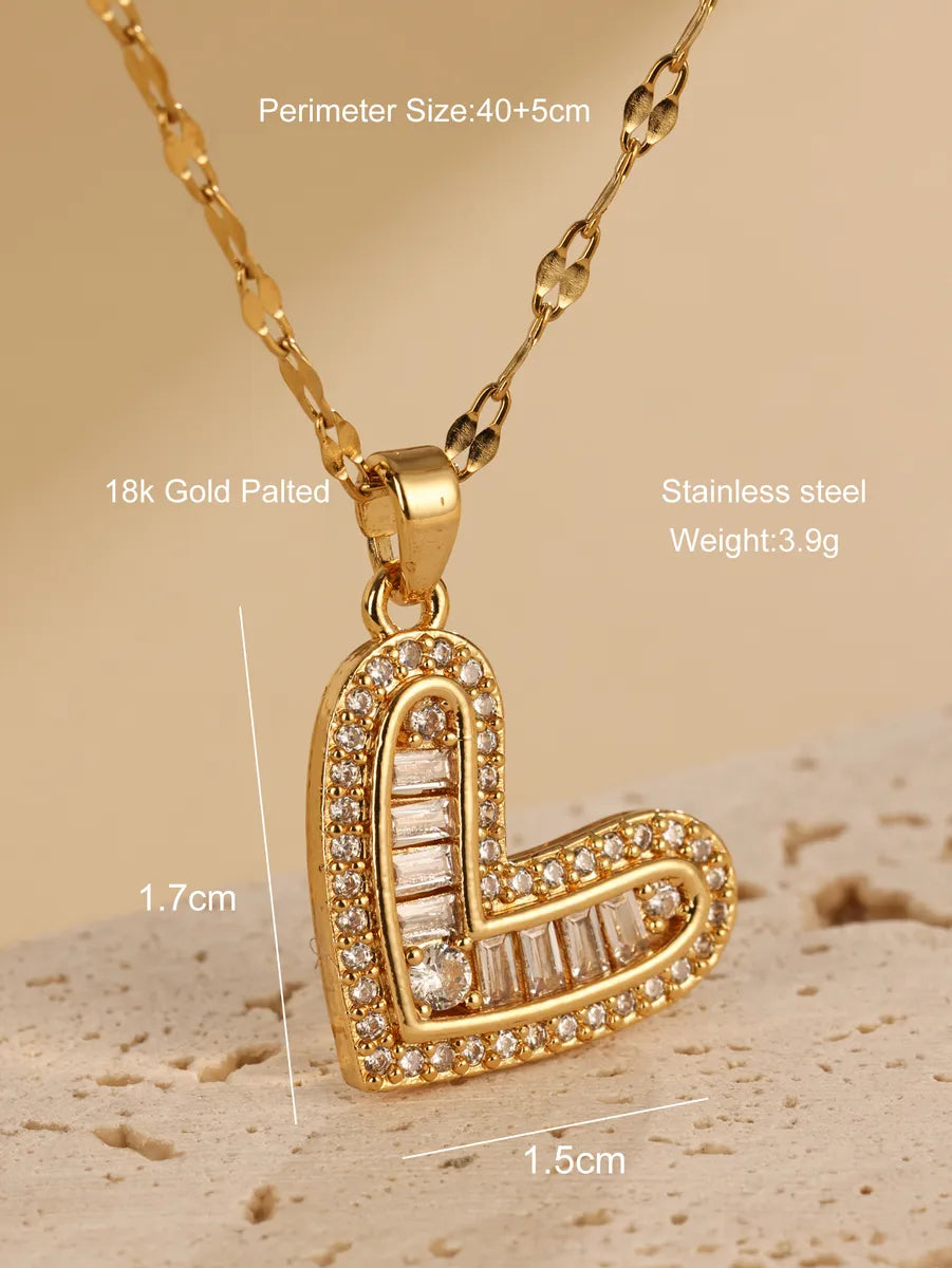 Elegant Heart Shape Stainless Steel Plating Inlay Zircon 18k Gold Plated Pendant Necklace