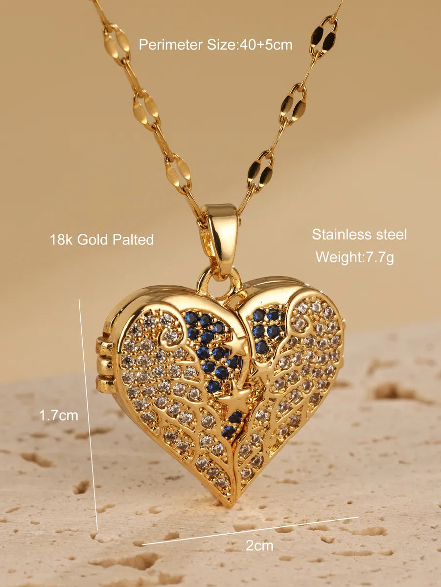 Elegant Heart Shape Stainless Steel Plating Inlay Zircon 18k Gold Plated Pendant Necklace