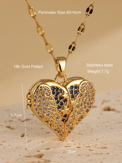 Elegant Heart Shape Stainless Steel Plating Inlay Zircon 18k Gold Plated Pendant Necklace