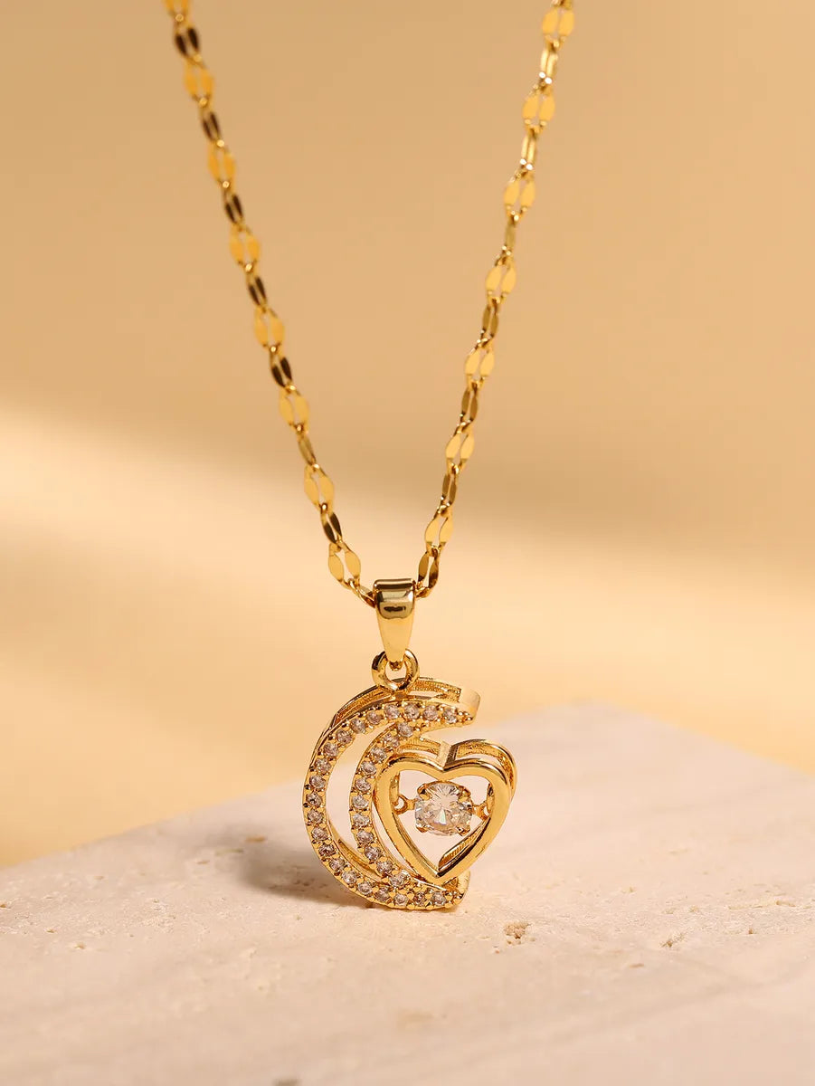 Elegant Heart Shape Stainless Steel Plating Zircon 18k Gold Plated Pendant Necklace