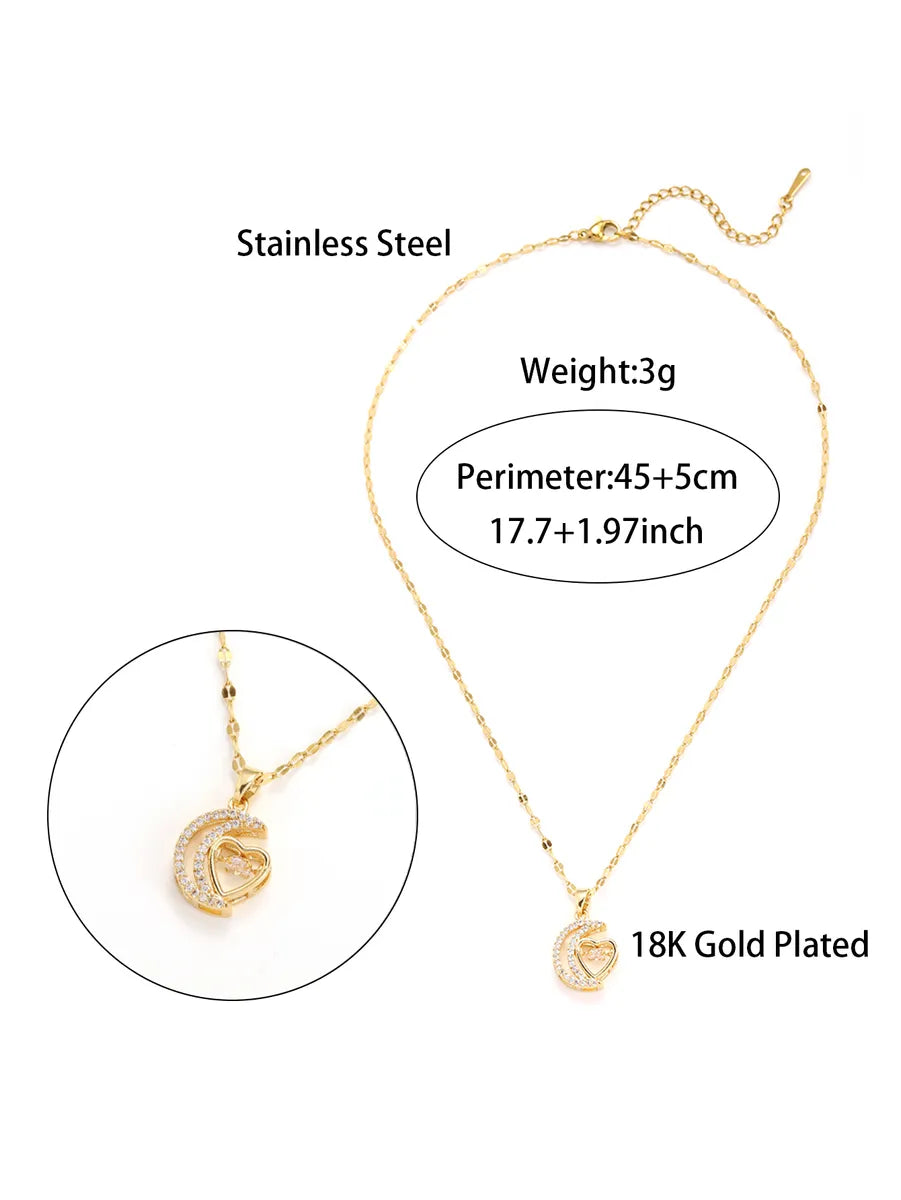 Elegant Heart Shape Stainless Steel Plating Zircon 18k Gold Plated Pendant Necklace