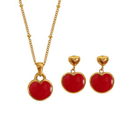 Elegant Heart Shape Titanium Steel Enamel Plating 18k Gold Plated Jewelry Set