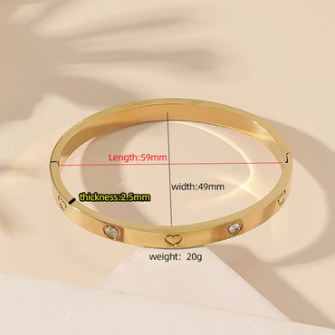 Elegant Heart Shape Titanium Steel Inlay Rhinestones 18k Gold Plated Bangle