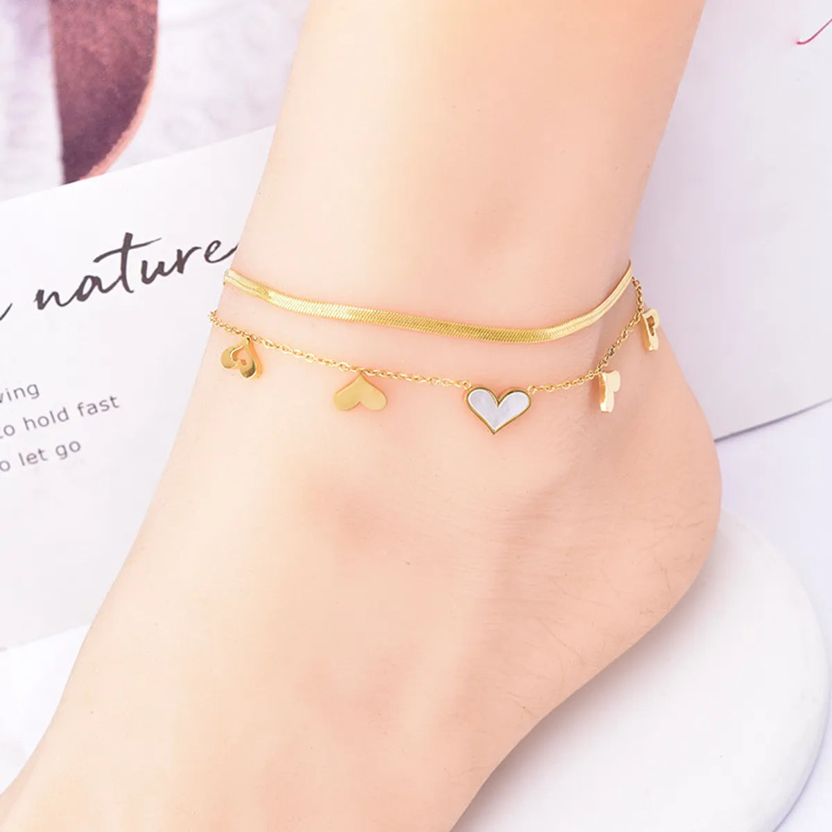 304 Stainless Steel 18K Gold Plated Elegant Inlay Heart Shape Shell Anklet Necklace