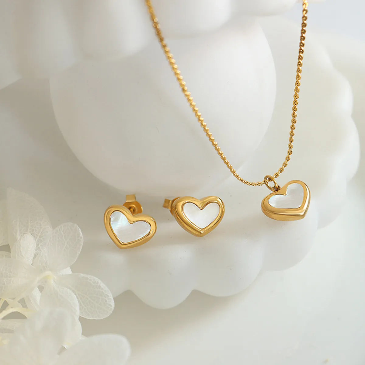 Wholesale Jewelry Elegant Heart Shape 304 Stainless Steel Shell 18K Gold Plated Inlay Bracelets Earrings Necklace