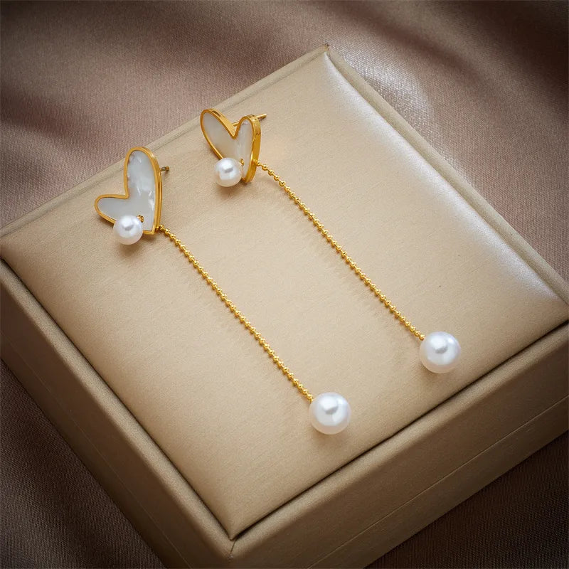 1 Pair Elegant Heart Shape Plating 304 Stainless Steel Artificial Pearls Shell 18K Gold Plated Drop Earrings