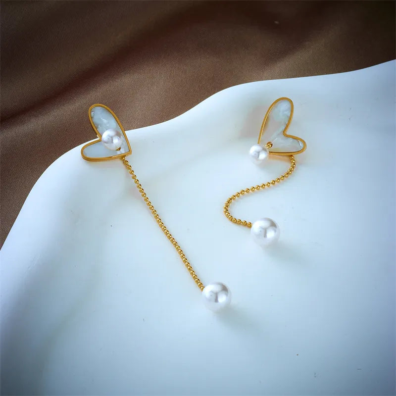 1 Pair Elegant Heart Shape Plating 304 Stainless Steel Artificial Pearls Shell 18K Gold Plated Drop Earrings