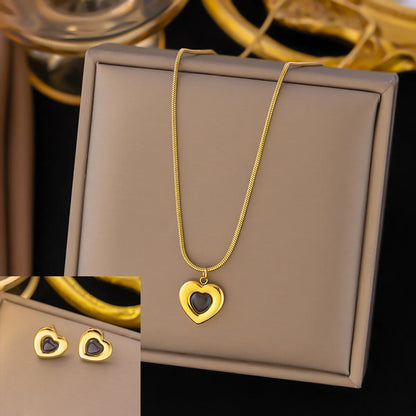 304 Stainless Steel 18K Gold Plated Elegant Plating Inlay Heart Shape Stone Earrings Necklace