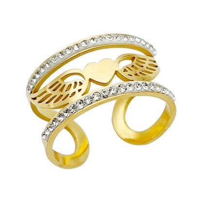 Elegant Heart Shape Wings Stainless Steel Plating Inlay Zircon Gold Plated Open Rings