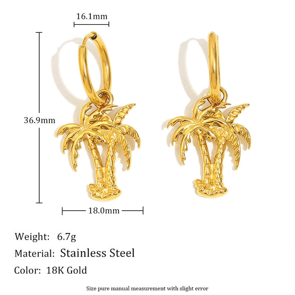 Elegant Highend Stainless Steel 18K Gold Plated Oil Dripping Tassel Flower Coconut Tree Earrings For Women