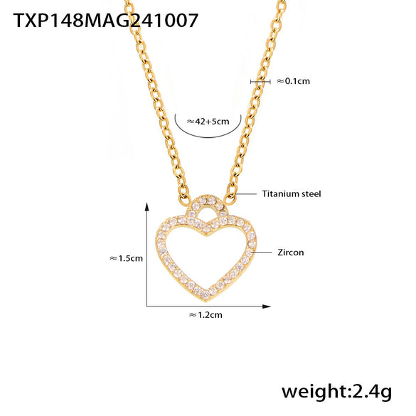 Elegant Hollow Love Collarbone Necklace And Bracelet Suit In Titanium Steel With Zircon Heart Pattern Electroplating For Women