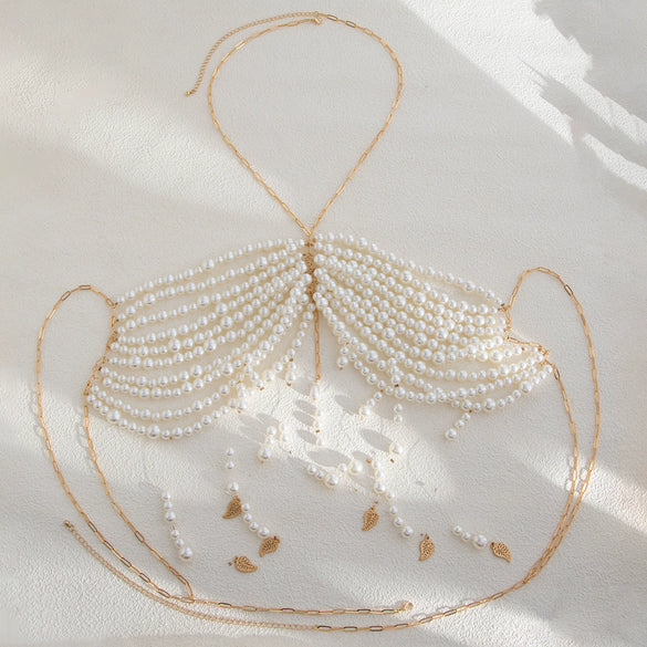 Elegant Imitation Pearl And Copper Chain Alloy Body Chain For Female